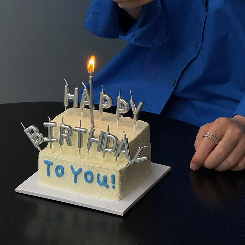 生日派对银色字母英文蜡烛蛋糕装饰韩系简约生日快乐蜡烛甜品插件