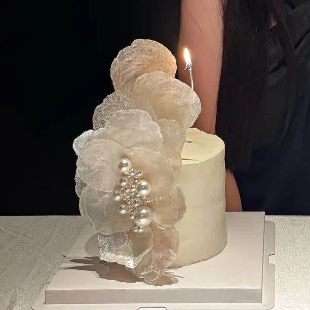 高级感女神生日蛋糕装饰天然镜贝白色珍珠贝壳甜品烘焙装扮摆件
