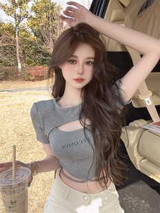 辣妹镂空显胸短袖T恤女夏季纯欲高腰紧身设计感小众绑带短款上衣