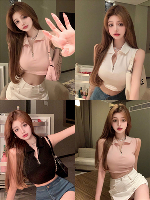 拉链polo领无袖t恤女针织