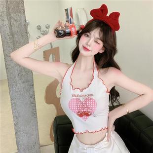 露脐无袖 撞色纯欲辣妹挂脖甜爱心印花卷边性感短款 背心紧身上衣女