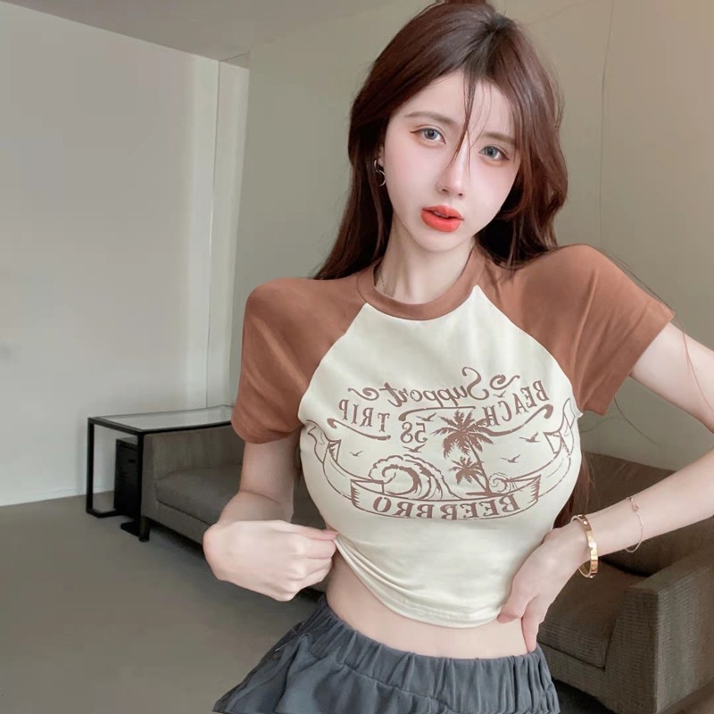 短袖女小众甜酷辣妹短款紧身T恤