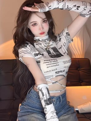 高级感别致抽绳绑带紧身短袖t恤