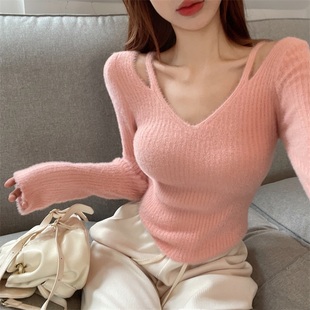 水貂绒V领紧身毛衣女春秋温柔日系外穿上衣慵懒风低领心机针织衫