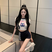 性感辣妹露脐紧身纯欲风卡通印花短袖 T恤女ins短款 修身 两件套上衣