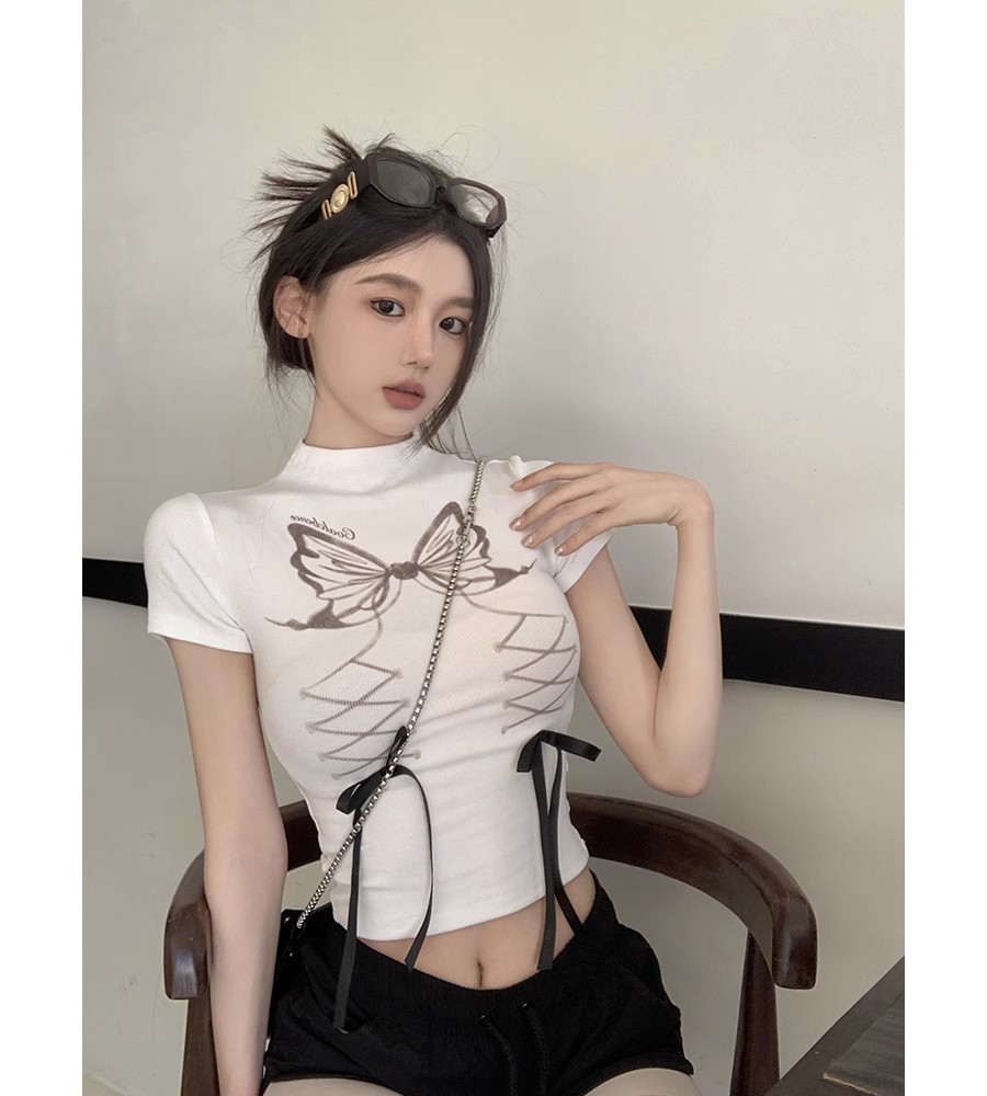 蝴蝶结印花半高领短袖T恤女