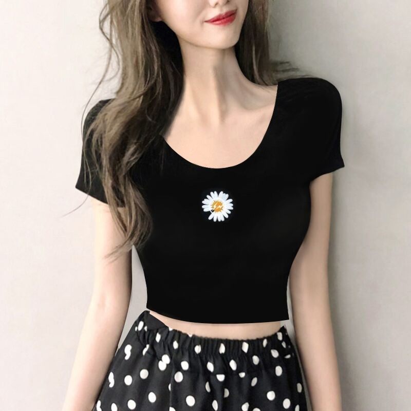 夏显胸高腰小雏菊紧身u领短袖t恤女修身打底衫短款露脐跳舞上衣邹