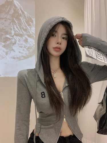 连帽短款外套女V领拉链紧身长袖