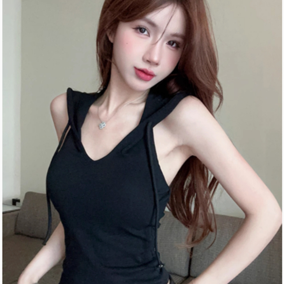 甜辣妹挂脖无袖V领吊带背心