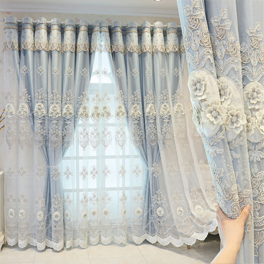 新款欧式双层窗帘布纱一体成品窗帘客厅卧室遮光奢华大气绣花窗帘