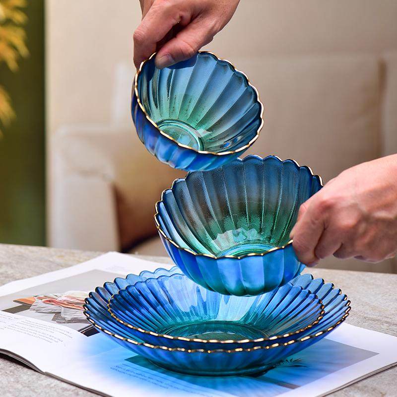 北欧风金边玻璃水果盘家用客厅高级感甜品沙拉碗零食干果糖果盘碟