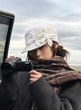 新款复古立体花朵羊毛帽子女秋冬马术贝雷帽古早感时尚骑士报童帽