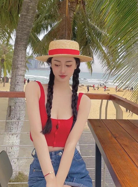 夏季防晒平顶草帽女夏小清新海边沙滩度假遮阳帽户外旅游拍照红色
