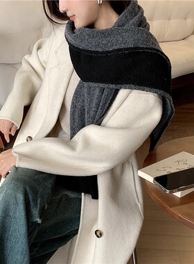 围巾女士秋冬季百搭新款黑灰色羊毛混纺保暖针织毛线围脖冬款情侣