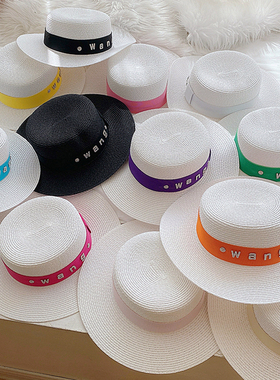 草帽女夏天英伦平顶白色小礼帽韩版出游度假沙滩防晒遮阳帽子潮牌