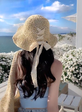 日系优雅蝴蝶结编织遮阳渔夫帽女夏季防晒出游透气沙滩草帽太阳帽