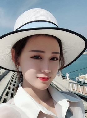 欧美风M字母草帽女士夏天海边度假沙滩大沿白色礼帽大檐太阳帽潮