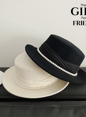 法式英伦风珍珠赫本羊毛礼帽女时尚优雅黑色百搭休闲平顶帽子秋冬