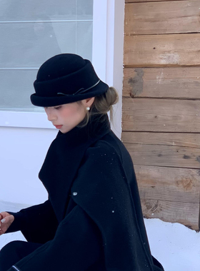 立体定型～留洋千金蝴蝶结羊毛礼帽女法式赫本风贝雷帽黑色渔夫帽