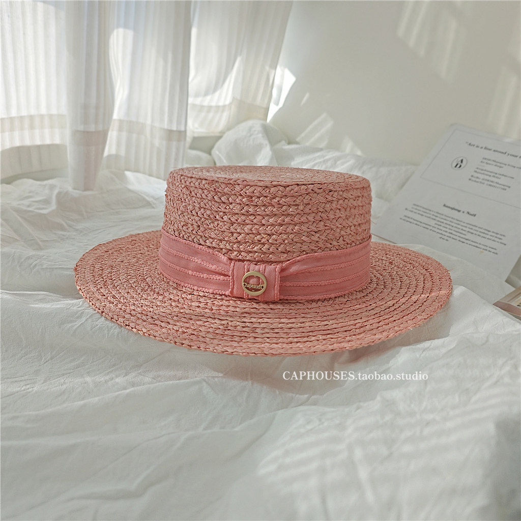 小香名媛风粉色平顶草编礼帽女夏季海边度假遮阳帽宽檐拉菲草帽子
