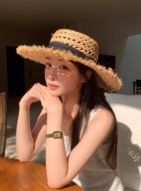 新款草帽女夏天然拉菲草法式平顶遮阳帽度假大檐防晒镂空太阳帽子