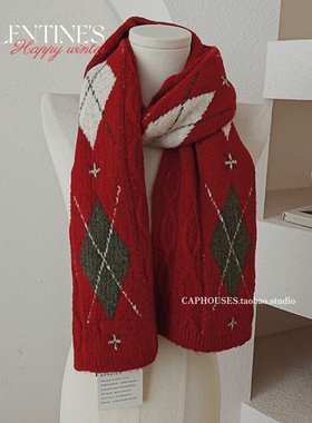 高级感含羊毛新年圣诞红色围巾女生冬季加厚毛线围脖送朋友礼物