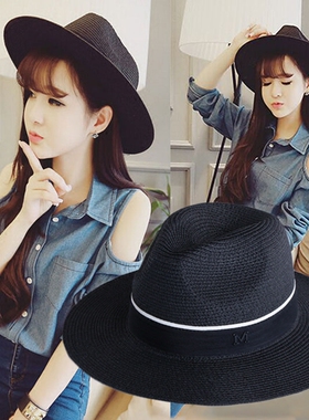 黑色帽子百搭出游遮阳帽女防晒夏天沙滩帽礼帽巴拿马草帽太阳帽