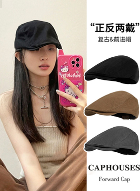 黑色贝雷帽女新款反戴前进帽大头围英伦复古百搭休闲画家报童帽子