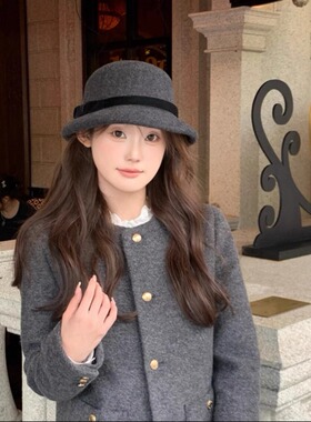 澳洲羊毛赫本风法式复古丝绒蝴蝶结渔夫帽盆帽女秋冬气质优雅礼帽