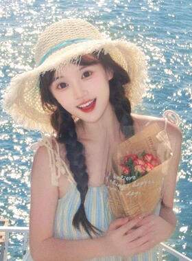 法式小清新草帽女夏季甜美出游编织防晒帽子沙滩海边大帽檐遮阳帽
