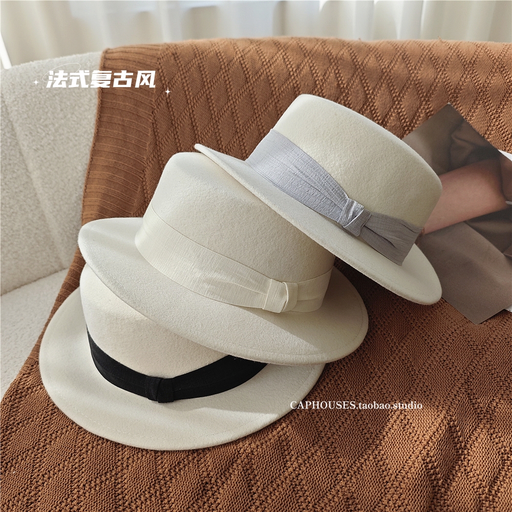 法式复古平顶白色羊毛呢礼帽