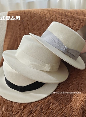法式复古平顶白色羊毛呢礼帽女士秋冬季高级感百搭时尚英伦风帽子