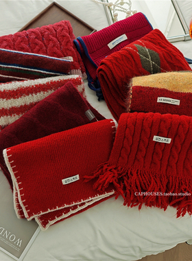 自留款~圣诞新年礼物围巾女冬季2025新款韩系氛围感红色针织围脖