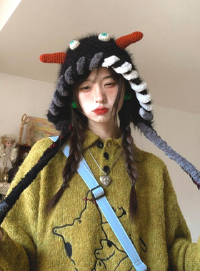 大头围卡通可爱搞怪小怪兽毛绒帽子2025新款显脸小保暖针织包头帽