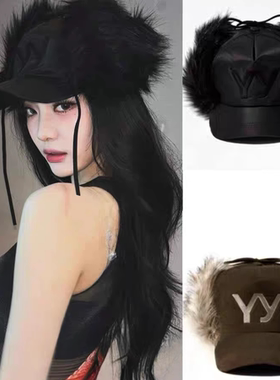 宁艺卓同款黑色YY帽子仿皮草秋冬保暖棒球帽显脸小新款时尚鸭舌帽