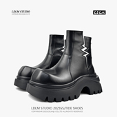 两点浪漫冬新款 加绒切尔西靴男方头闪电后拉链7CM厚底轻质马丁靴