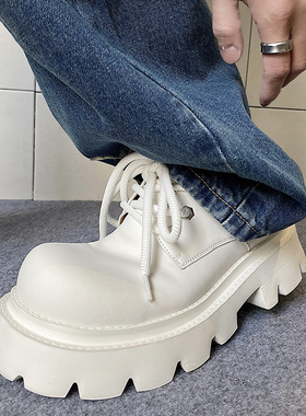 两点浪2025新款白色皮鞋男轻质厚底潮酷大头鞋真皮英伦翘头德比鞋