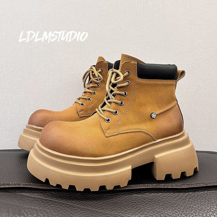 两点浪漫2025加绒保暖马丁靴男7CM厚底增高大黄靴大头机车靴棉鞋
