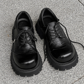英伦厚底增高黑色大头皮鞋 两点浪漫2024新款 翘头真皮圆头德比鞋 男