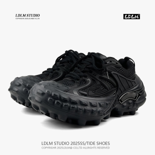 男7CM轻质厚底黑武士休闲鞋 两点浪漫2025新款 网面拼接巴黎老爹鞋