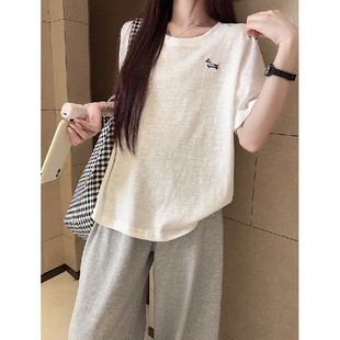 T恤女夏宽松减龄慵懒风简约小狗刺绣白色圆领上衣 轻薄雪花棉短袖
