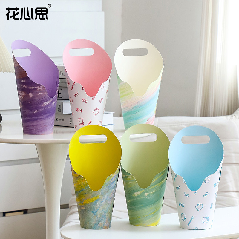 花心思圆形手提花盒渐变油画风