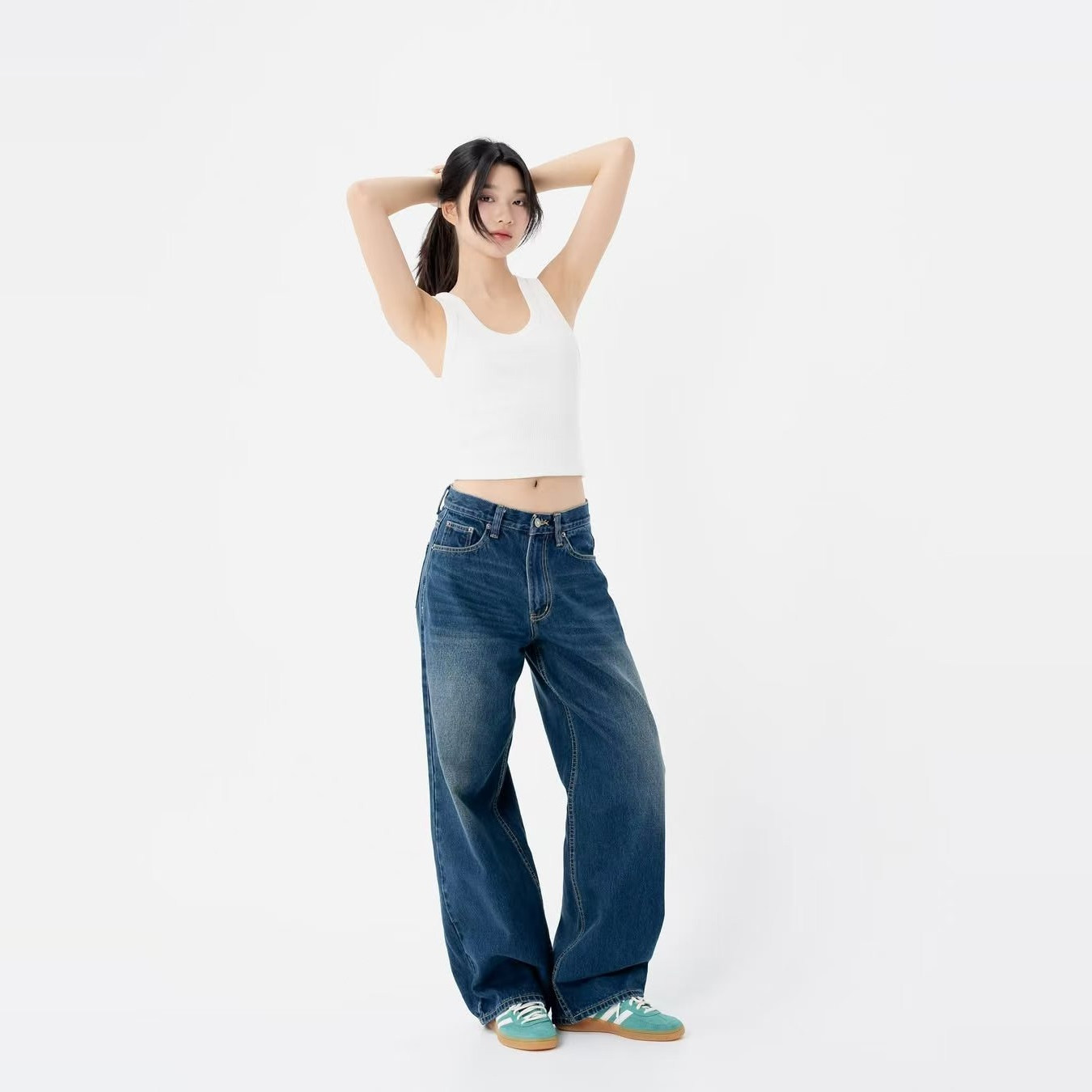 Astin寶石珈藍闊腿牛仔褲女2025新款寬松垂感無側(cè)縫直筒拖地褲