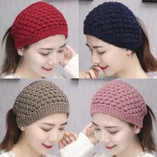 秋冬毛线针织发带帽遮盖白发头巾宽边女头饰护耳头套头箍保暖发带