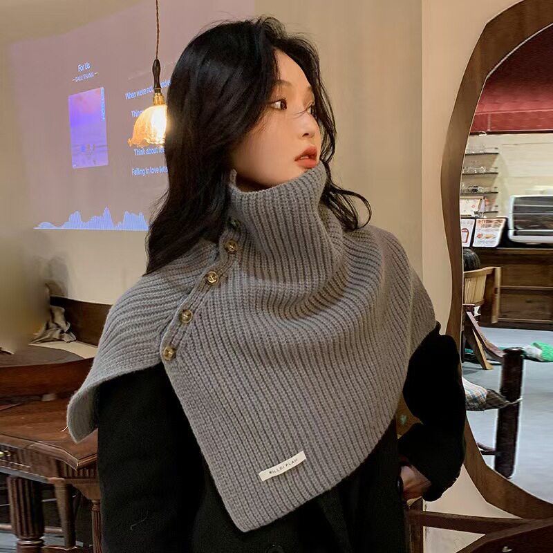 高领灰色围巾女生冬针织披肩秋冬季外搭叠穿保暖护颈脖套围脖防风