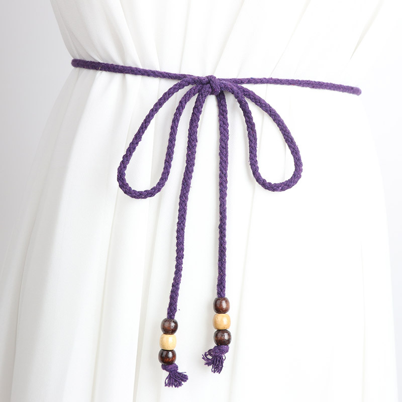 文艺范棉麻编织紫色腰链配裙子女士长款打结流苏腰绳装饰腰带窄款