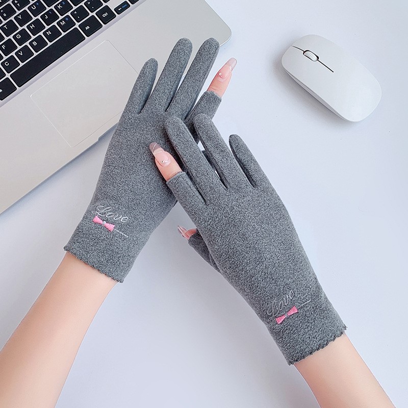 漏二指手套女秋冬晚上防风保暖骑车开车女士