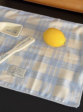 蓝大格子餐垫杯垫餐布ins原创布艺自制手作装饰道具隔热垫韩式