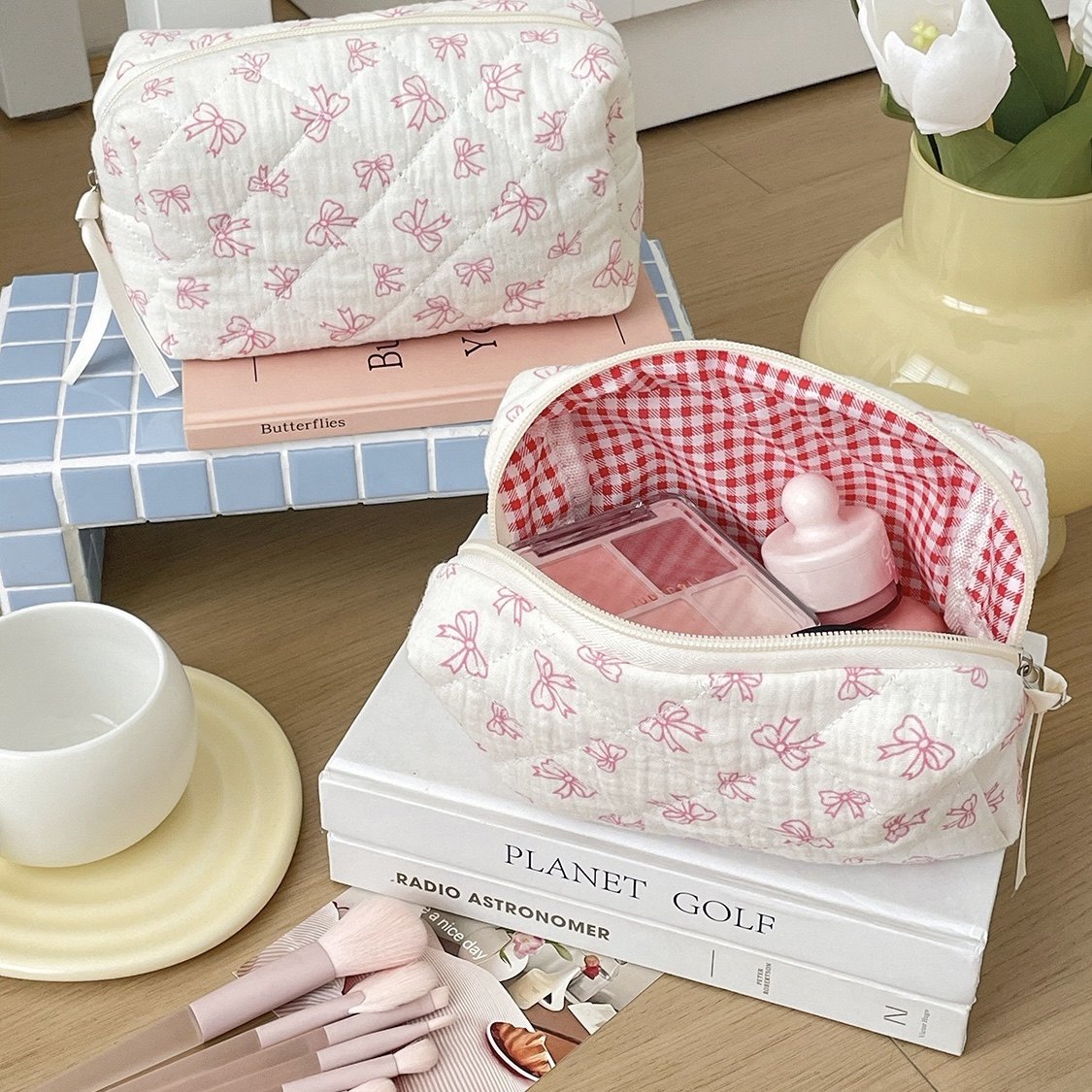 小清新蝴蝶结夹棉化妆包玫瑰印花护肤品收纳包便携大容量洗漱包,收纳整理,化妆包,淘宝优惠券,粉丝福利购,淘宝优惠卷