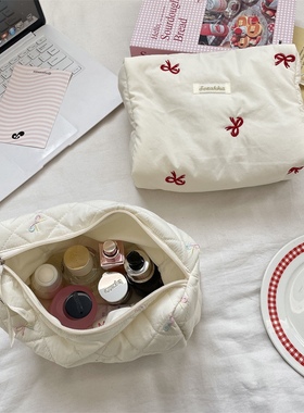 韩国格子化妆包旅行小包可爱甜美蝴蝶结ins洗漱包铅笔袋洗漱包